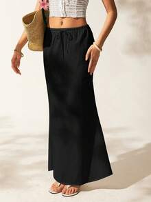 SHEIN EZwear 大尺碼女款春夏休閒傳統度假風黑色亞麻魚尾長裙，抽繩腰頭，魚尾裙 - 黑色 - 查看 7