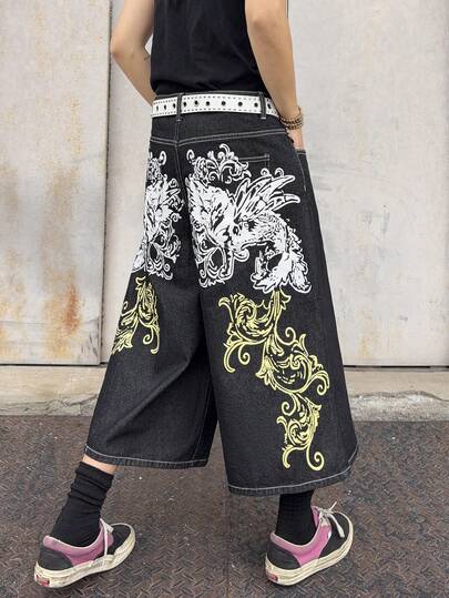 Manfinity EMRG Men's Street Style Lion Print Black Denim Capri Pants