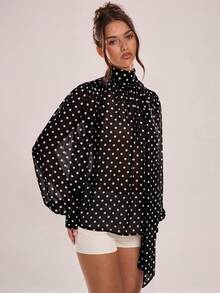 Avenya Vintage Polka Dot Ruched Long Sleeve Chiffon Blouse - Multicolor - View 3