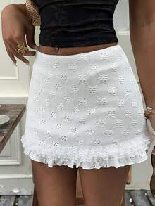 DAZY Women's Solid Color Textured Jacquard Fabric Ruffle Hem Casual Vacation Summer Skirt Shorts - White - View 5