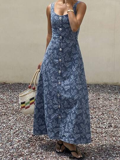 DAZY Floral Print Waist Cinched A-Line Dress, Casual Summer Holiday Denim Dress For Women