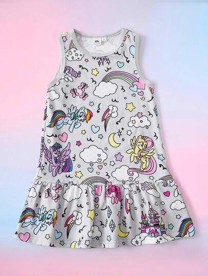 My Little Pony X SHEIN 少女卡通印花圆领休闲度假连衣裙
