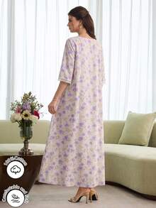 Al Najma 浪漫方领蕾丝边中袖睡袍，春夏款 - 淡紫色 - 查看 3