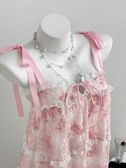 Elamini Đầm hai dây dáng chữ A, thắt dây, xếp ly, in ren ngọt ngào, hở lưng, có bèo nhún, thích hợp cho kỳ nghỉ hè.