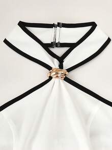 SHEIN Franclia 女士优雅通勤黑白撞色金属扣连体裤 - 白色 - 查看 4