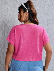 SHEIN EZwear 紫红色加大码纯色V领短袖露脐宽松上衣，夏季 - 玫紅色 - 查看 2