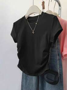 Resyla 3件組女款大尺碼休閒運動上衣，夏季新品，適合居家、辦公室、返校穿著，白色、紅色、黑色修身T恤 - 彩色 - 查看 6