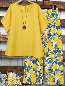 Plus Size Women's Solid Color Round Neck Batwing Sleeve Top And Allover Print Casual Pants Set,Yellow,Summer,Boho,Vacation,Holiday Ladies Outfit Suit - Yellow - View 1