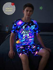 青少年男孩黑色極簡太空人與行星螢光印花短袖T恤與短褲2件式睡衣套裝 - 彩色 - 查看 8