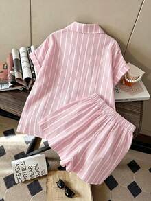 EMERY ROSE Conjunto de Praia de 2 Peças para Mulher, Camisa Solta de Manga Curta com Ombros Caídos e Calções de Cintura Elástica, 51% Algodão, Às Riscas Rosa e Branco, Verão, Casual, Férias e Feriados - Rosa - Ver 2