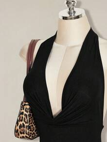 SHEIN ICON Y2K Sommer Damen Club Schwarzer Sexy Ausgehparty Abschlussball einfarbiger tiefer drapierter Ausschnitt Neckholder Romper - Schwarz - Übersicht 13