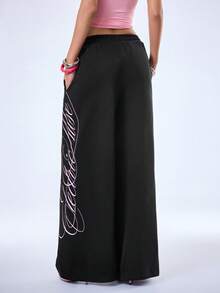 Y2Kool Black And White Floral Slogan Y2K Sporty Casual Sports Loose Sweatpants For Women, Suitable For Spring/Summer Sports, Home, Gathering, Airport - Black - View 2