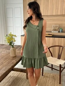 Elouméa Gaun Mini A-Line Wanita dengan Kerah Asimetris, Kancing, Kain Bertekstur, dan Hem Bergelombang, Kasual untuk Liburan Musim Panas - Hijau Tentara - View 4