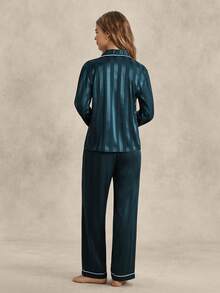EverLounge Contrast Piping Satin Pajama Set, Fall Winter Clothes - Teal Blue - View 2