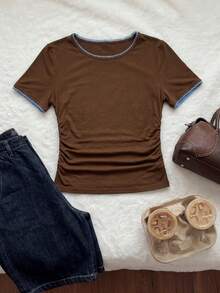 Comfortcana Plus Size Waist Ruched Elastic T-Shirt - Brown - View 8