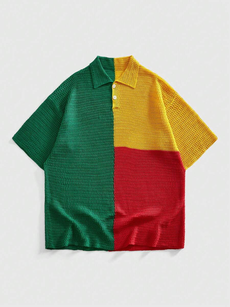 ROMWE MEN Camisa polo de punto con contraste de color retro para hombre, camisa casual de manga corta suelta y texturizada para verano - Multicolor - Ver 1