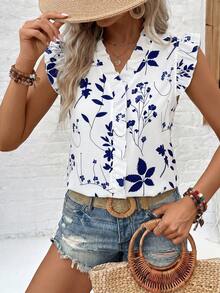 Camisa Casual de Mujer con Estampado Floral, Manga Corta y Lazo, Para Uso Diario y Festivo VCAB - Azul - Ver 3