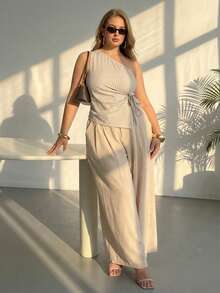 Auralis Summer Elegant Beige Vacation Holiday Plus Size Women One Shoulder Gathered Tie Waist Blouse,Minimalist Commuter Workwear Mermaid Style Party Top - Khaki - View 1