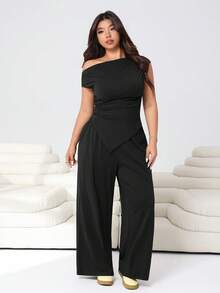 Solflare Plus Size Women Black Asymmetric Collar Top And Wide Leg Pants With Slant Pockets, 2 Pieces Set, Spring/Summer - Black - View 4