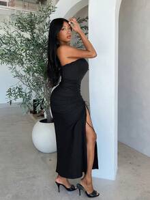 Korevelle Ruched Bandeau Fitted Slit Dress For Women Summer Vacation Black Casual Sexy Party Night Out - Black - View 5