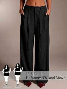 SHEIN Tall CURVE CURVE 大尺碼女款高個子寬腿褲，高腰黑色休閒辦公度假長褲，日常商務休閒優雅秋季款 - 黑色 - 查看 5