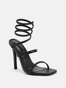 Glitzique Sandalias de tacón fino con rhinestones negros encantadoras para damas, diseño de cordón en la pierna con decoración de rhinestones y punta cuadrada, sandalias de tacón alto fino para primavera y verano - Negro - Ver 7