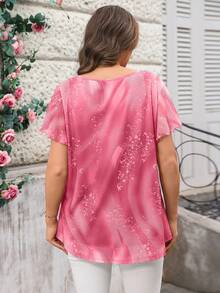 EMERY ROSE Plus Size Women Summer Pink Floral Print Elegant Tea Party Brunch Tunic Blouse,Round Neck Ruffle Trim Short Sleeve Casual Loose Fit Vacation Shirt - Hot Pink - View 2