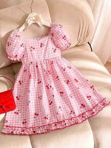 SHEIN Elladie kids 粉白格子连衣裙，樱桃印花，适合小女孩穿着。蕾丝领，缎面蝴蝶结装饰，泡泡袖，适合上学、野餐、休闲聚会等场合。 - 粉色 - 查看 2