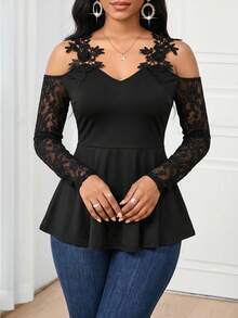 SHEIN Lady Áo thun trễ vai phối ren thanh lịch dành cho nữ - màu đen - Xem 3