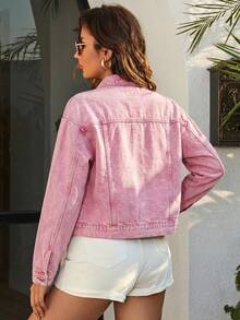 EMERY ROSE Áo khoác denim dài tay màu trơn, có túi vá phía trước và cài nút, kiểu dáng thường ngày. - Hồng - Xem 2