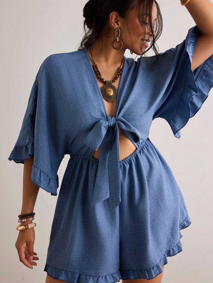 Freevana Plus Size Holiday Solid Color Batwing Sleeve, Ruffle Hem, Tie Waist Jumpsuit - Blue - View 1