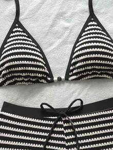 Swim Vcay Conjunto de traje de baño para mujer con top triangular a rayas y calzones de cintura alta, nueva colección Primavera/Verano 2026 - Blanco y Negro - Ver 6