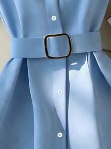 GlowEve Women's Solid Color Urban Casual Commuter Dress With Decorative Beads, Mid-Length - Blue - View 5