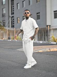 Devon Thys 男士纯色V领单排扣短袖衬衫搭配抽绳腰阔腿裤休闲套装 - 白色 - 查看 5