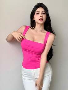 DAZY Ladies' Solid Color Ruched Simple Summer Pink Tank Top - Hot Pink - View 6