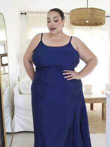 Pretty and Ole Plus Size Women's Solid Color Ruched Waist Flared Hem Spaghetti Strap Dress,Semi Formal Dress,Elegant Tea Party Dress,Flowy Cruise Women Outfits,Birthday Dresses For Women - Royal Blue - View 6