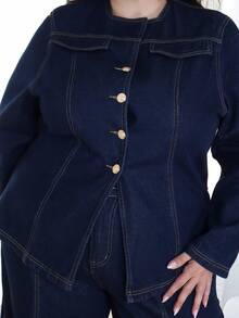 Pretty and Ole Plus Size Women Metal Single-Breasted Denim Shirt And Wide-Leg Pants Casual 2 Pieces Set - Dark Wash - View 6