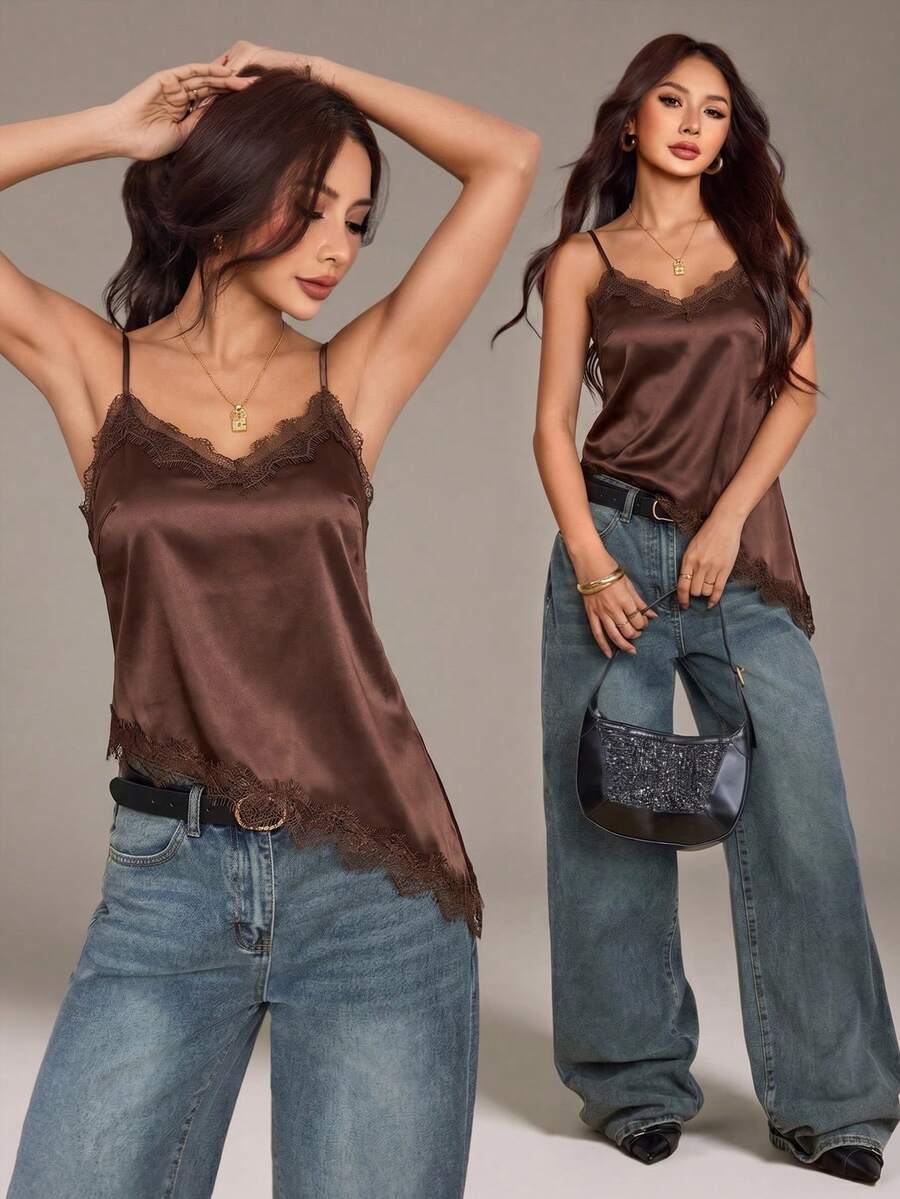 SHEIN PETITE Áo hai dây phối ren vạt lệch cho nữ, thích hợp mặc mùa hè. - Màu nâu Sô-cô-la - Xem 1