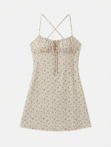 lacRébo Beige Floral Mini Dress With Gathered Bust And Spaghetti Straps Spring Summer Cute Gothic Sexy Soft Feminine Casual Tropical Holiday French Style - Multicolor - View 6
