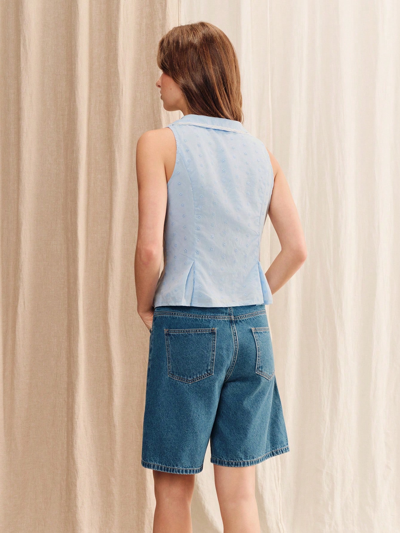 Sky Blue Floral Embroidered Peplum Top With Wide Collar And Lace Trim Detail Spring Summer Holiday Top Casual Top Vintage Blue Fitted Sleeveless Top French Style Going Out Top