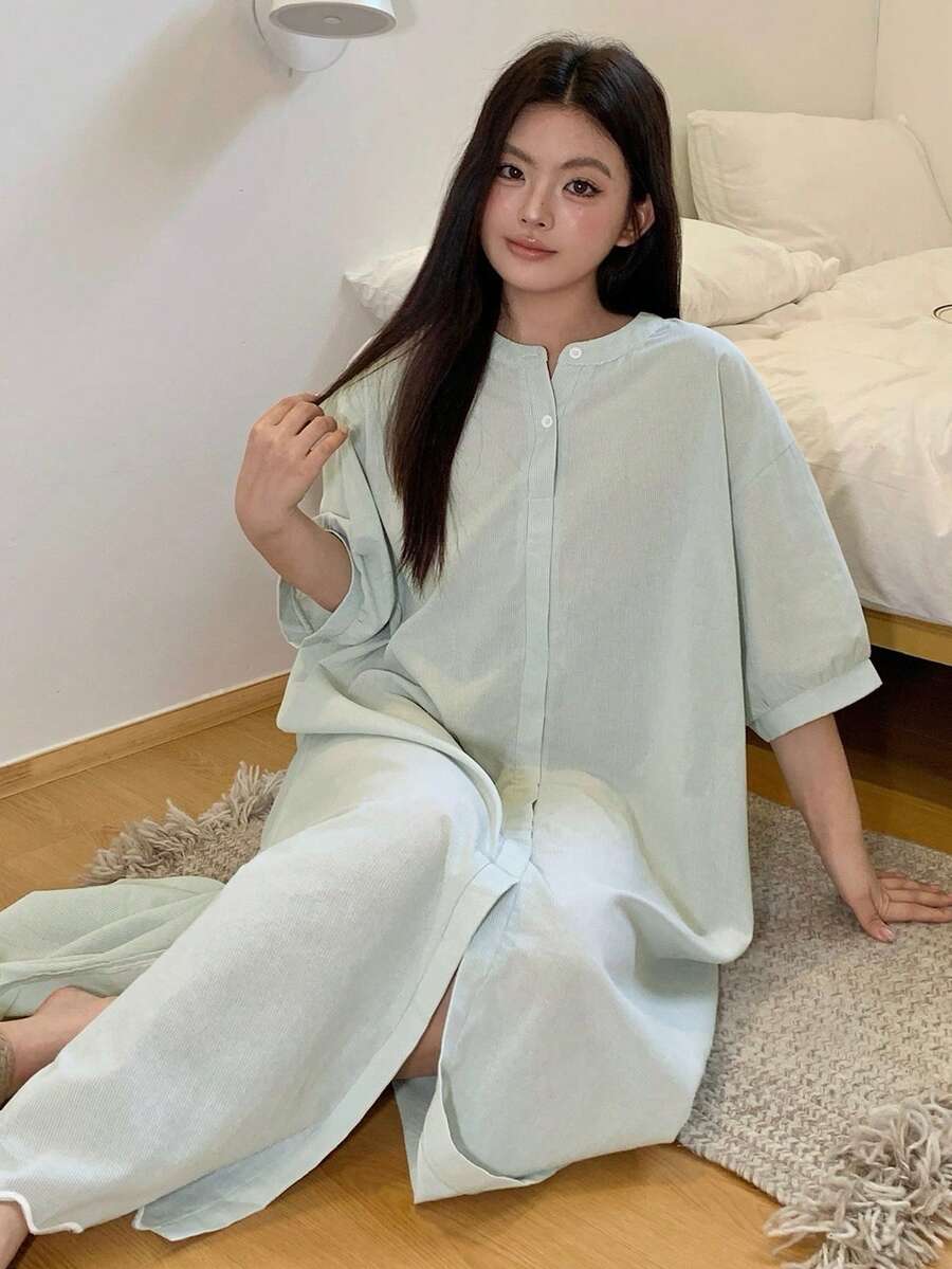 Dazy Plus Camisón holgado de ajuste casual con bajo ondulado largo, vestido de pijama de talla grande para mujer primavera/verano - verde menta - Ver 1