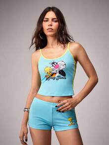 LOONEY TUNES X SHEIN Bộ 2 món áo hai dây và quần short in hình hoạt hình dành cho nữ. - Màu xanh Bạc hà - Xem 3