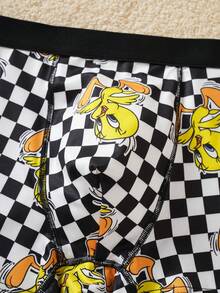 LOONEY TUNES X SHEIN 经典棋盘格黄色小鸟卡通印花男士三角裤，亲肤平角内裤 - 黑與白 - 查看 3