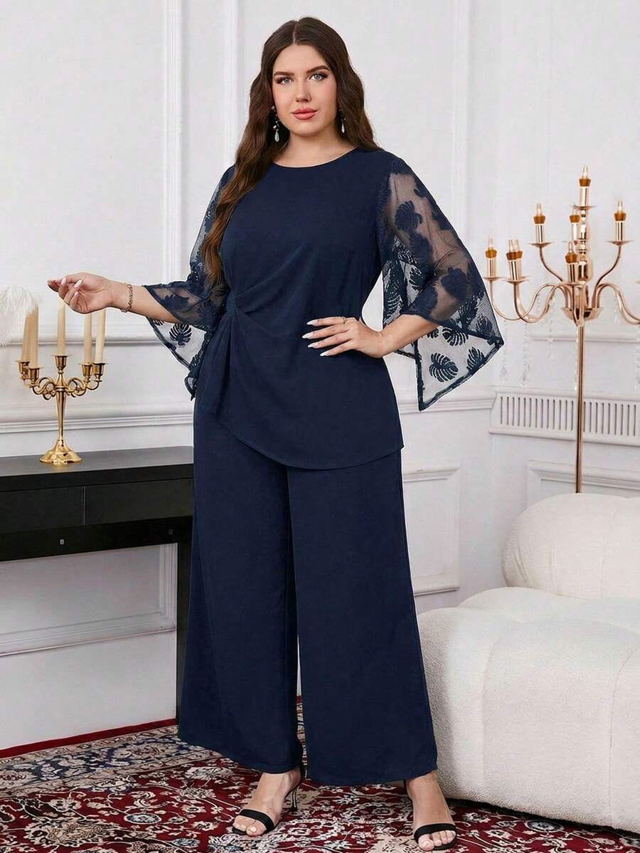 Reflora Plus Size Women Tropical Plant Print Mesh Flare Sleeve Top And Wide Leg Pants Wedding Guest Formal Elegant Evening Navy Blue Autumn - Navy Blue - View 1