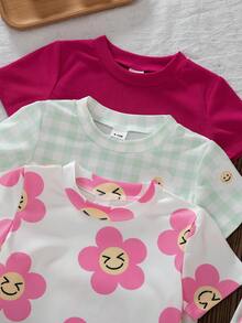 SHEIN 6件組/女嬰夏季白色休閒可愛度假短袖素色羅紋上衣與短褲套裝，附櫻桃草莓與檸檬3D裝飾 - 玫紅色 - 查看 7