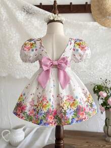 SHEIN Baby Girl Woven Ditsy Floral Square Collar Petal Sleeve Casual Cute Big Bow Decor Dress - Multicolor - View 3