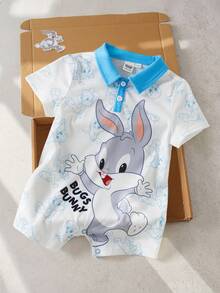 LOONEY TUNES X SHEIN 男婴卡通印花夏季休闲短袖连体衣 - 藍色 - 查看 1