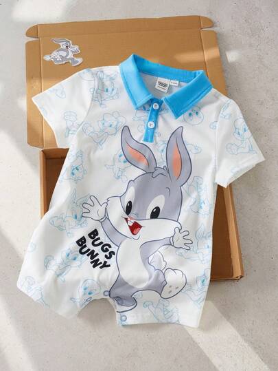 LOONEY TUNES X SHEIN Áo liền quần tay ngắn in hình hoạt hình cho bé trai mùa hè, kiểu dáng thường ngày.