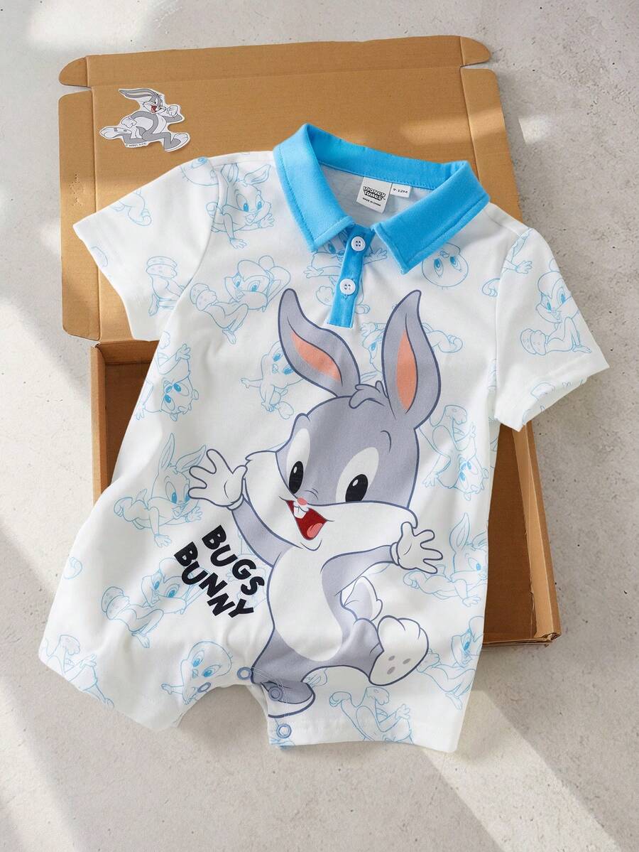 LOONEY TUNES X SHEIN 男婴卡通印花夏季休闲短袖连体衣 - 藍色 - 查看 1