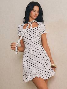 Poéselle Women's Tie Collar Polka Dot Casual Party Mini Dress - Apricot - View 8